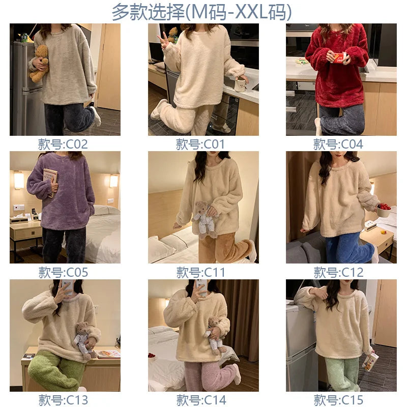 Winter Warm Sleepwear
Winter Fleece Women Pajamas Set Sleepwear Solid Velvet 2 Piece Pant Home Suit Fluffy Casual Warm Flannel Night Wear