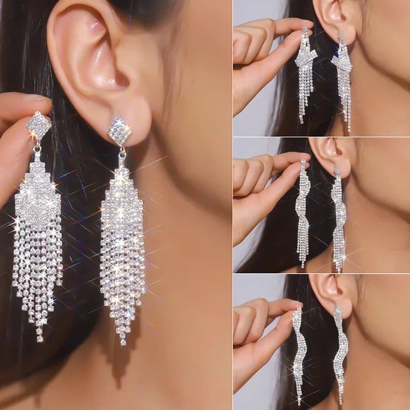 Earring Fashion Long Tassel Crystal Drop Earrings for Women Silver Color Rhinestone Dangle Earring Wedding Party Jewelry