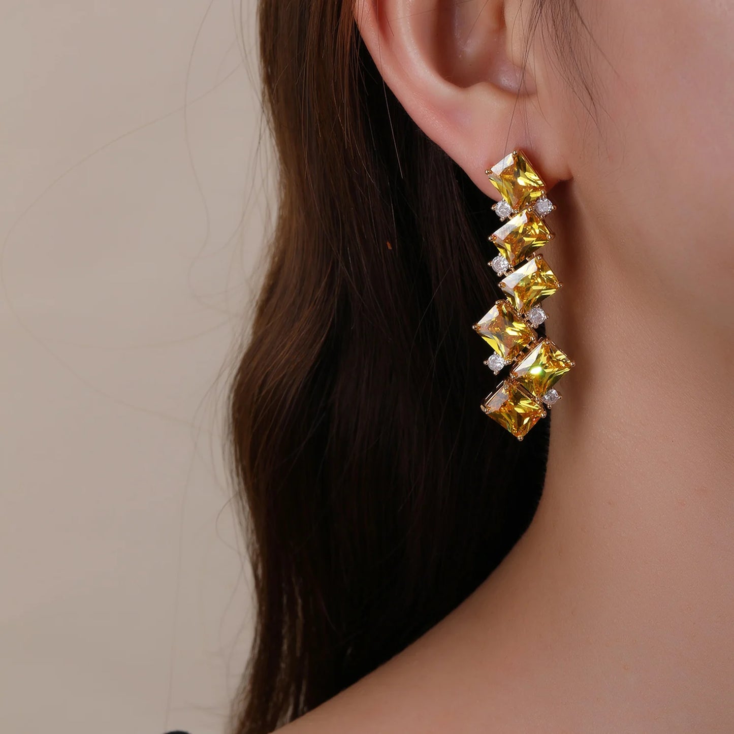 Earring Rectangle Green,Pink, Yellow Cubic Zirconia Crystal Dangle Drop Long Earrings Women Luxury Jewelry Accessories CE12100