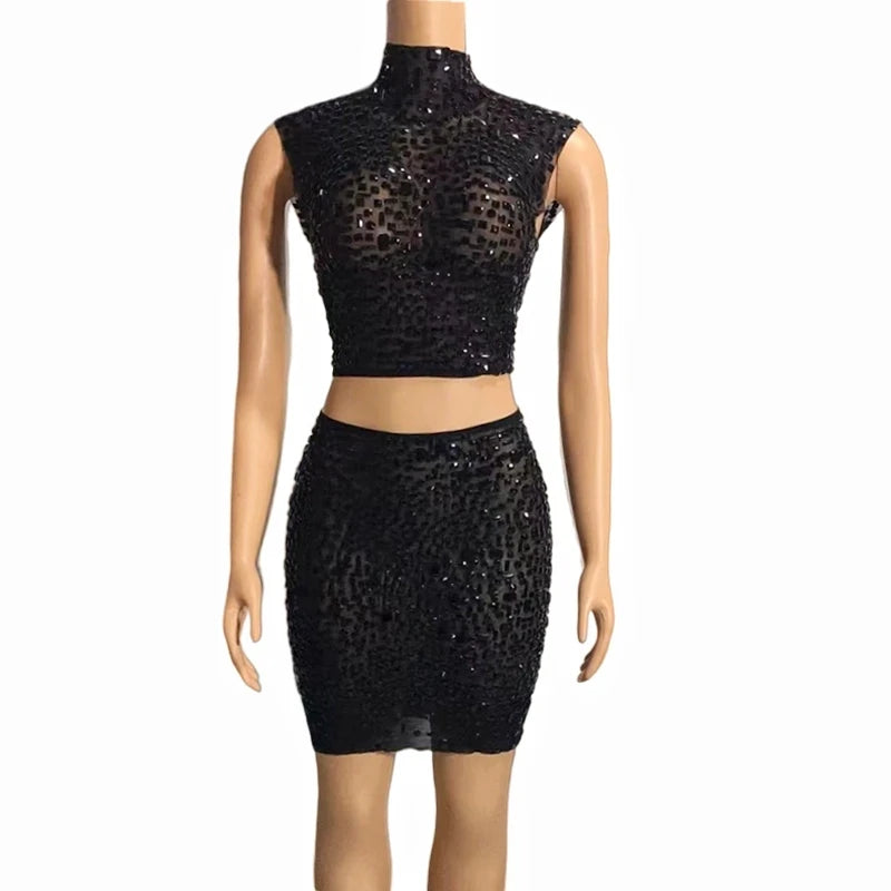 Exotic
Sexy Two Pieces Dress Mesh Transparent Celebrate Evening Prom Party Birthday Dress Women Sparkly Rhinestones Top Short Skirt