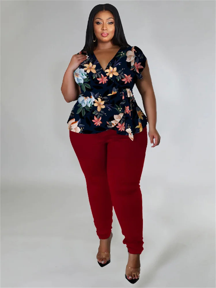 Plus Size Two Piece Outfits Pants Sets Women Summer Clothes Printed Top Solid Leggings Matching Wholesale Dropshipping