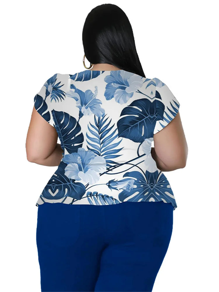 Plus Size Two Piece Outfits Pants Sets Women Summer Clothes Printed Top Solid Leggings Matching Wholesale Dropshipping