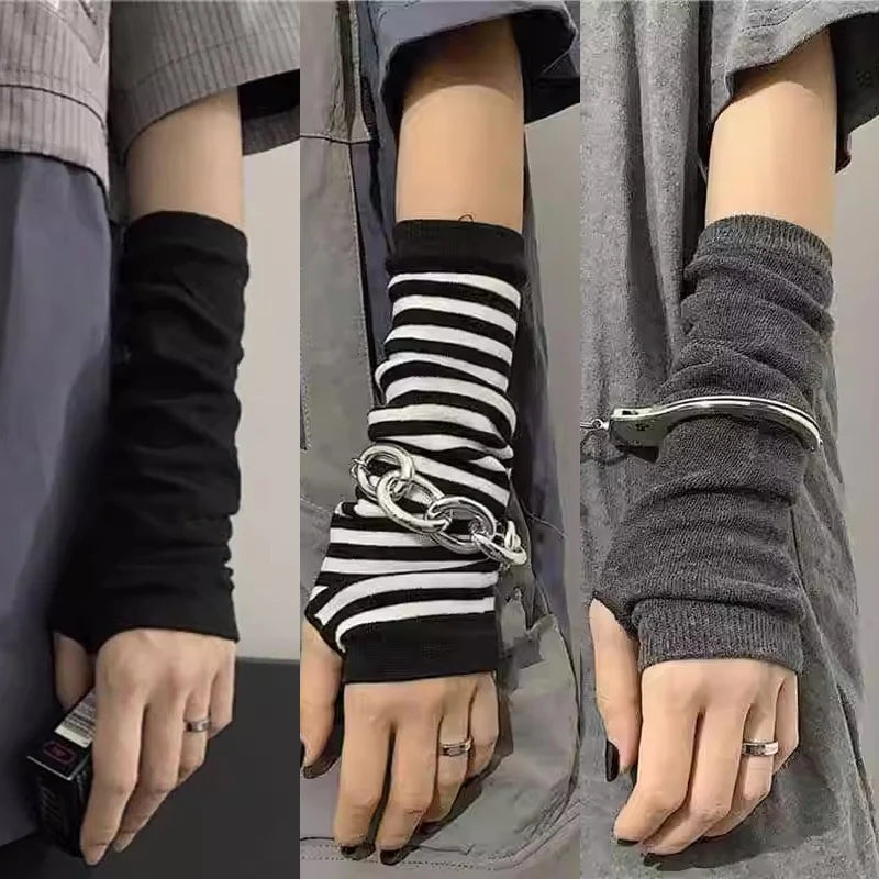 High Quality Y2K Winter Warm Long Sleeves Gloves for Men Women Fingerless Stripe Hip-Hop Knitted Elbow Mittens Elastic Outdoor Arm Warmer