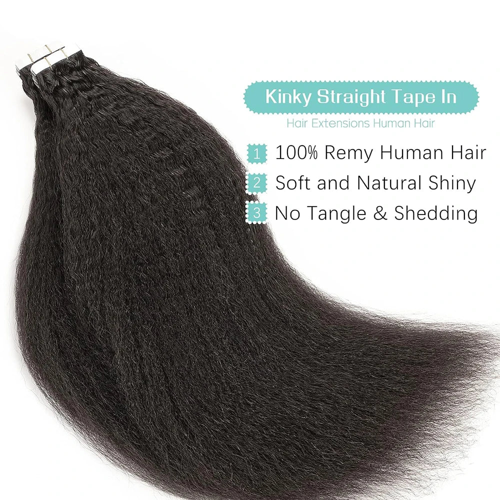 Hair Extensions and Wigs
26 Inches Tape In Hair Extensions Human Hair Kinky Straight Remy Hair 20Pcs 50G Natural Color Real Human Hair Tape In Extensions