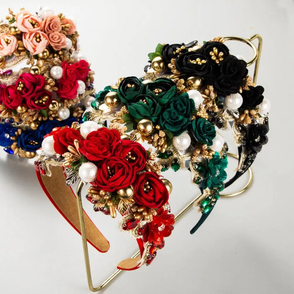Elegant Look Vintage Headband Wide Vintage Luxury Women's Hair Hoop with Fake Flower Faux Pearl Shiny Rhinestone Decor Colorful Anti-slip