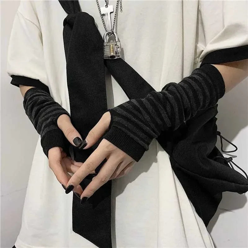 High Quality Y2K Winter Warm Long Sleeves Gloves for Men Women Fingerless Stripe Hip-Hop Knitted Elbow Mittens Elastic Outdoor Arm Warmer