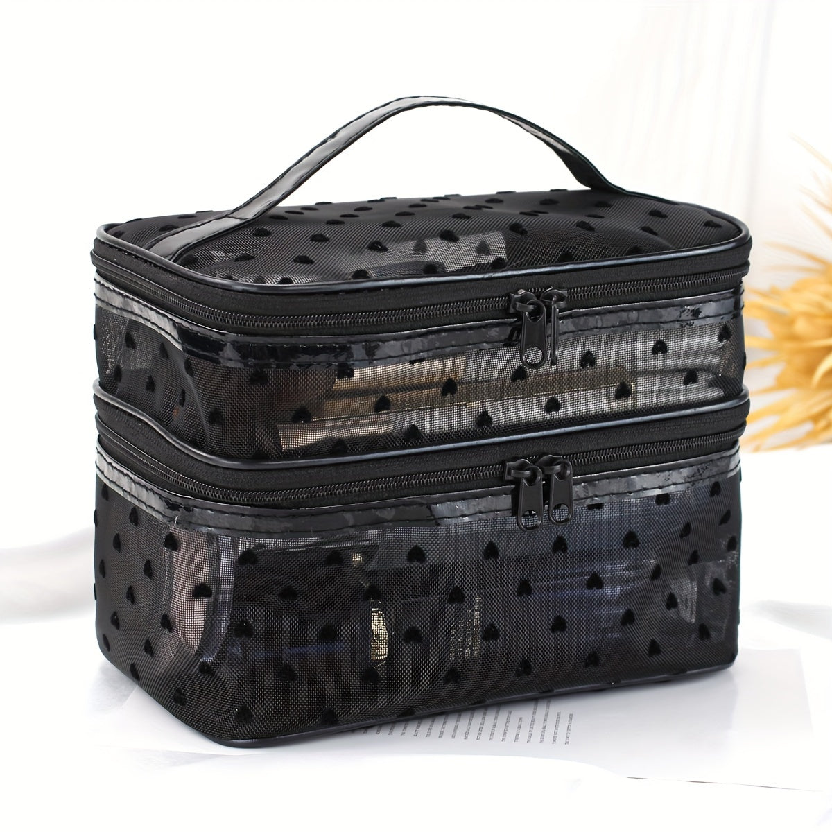 Makeup bags & Storage
Chic Daisy Mesh Makeup Bag - Double-Layer, Large Capacity Cosmetic Organizer With Zippered Compartments