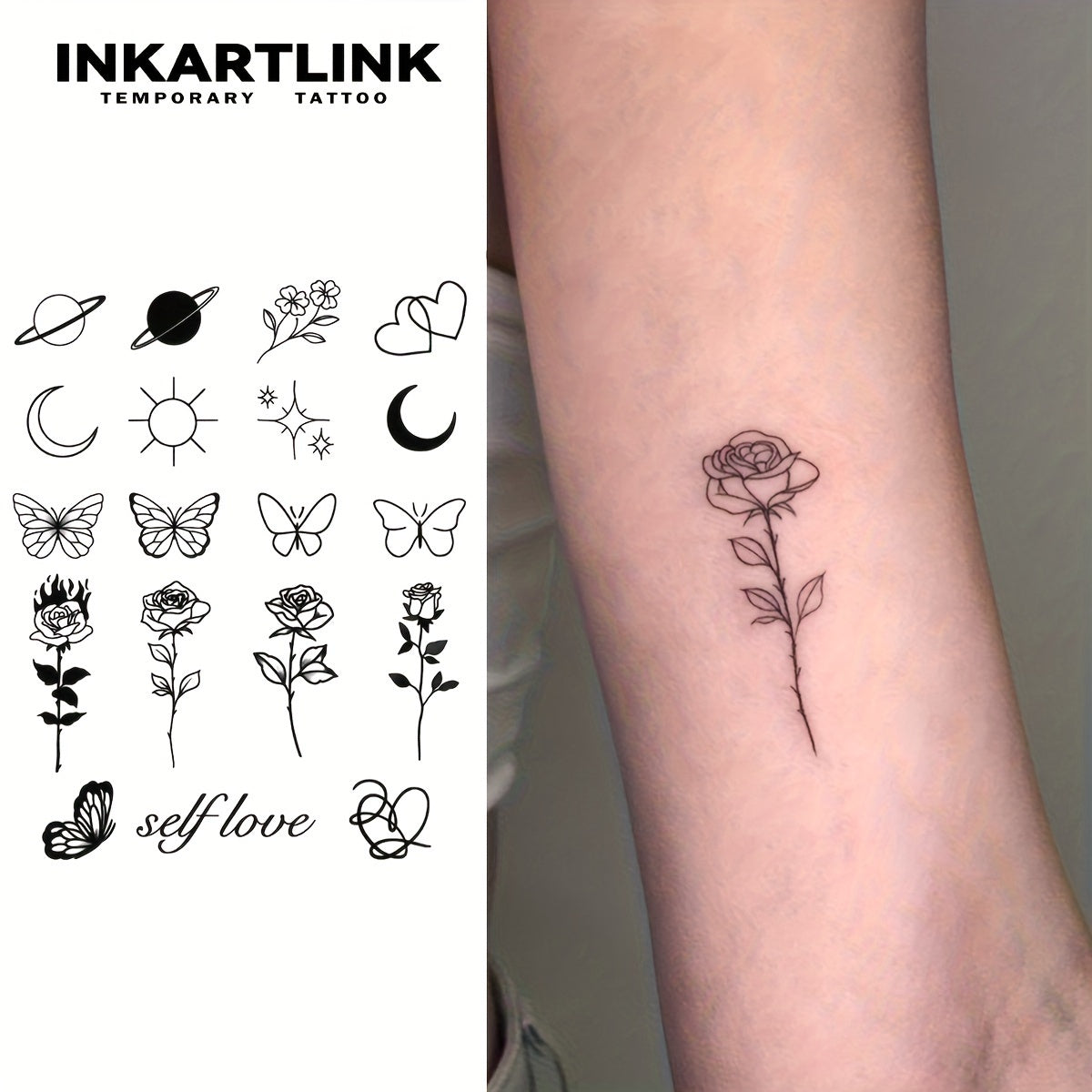 Temporary Tattoos
INKARTLINK Temporary Tattoo Sheet with Rose, Flowers, Self Love, Butterflies, Moons – Waterproof, Authentic Look, Plant Designs for Teens – Oblong Shape, Long-Lasting Y2K Aesthetic Body Art Stickers