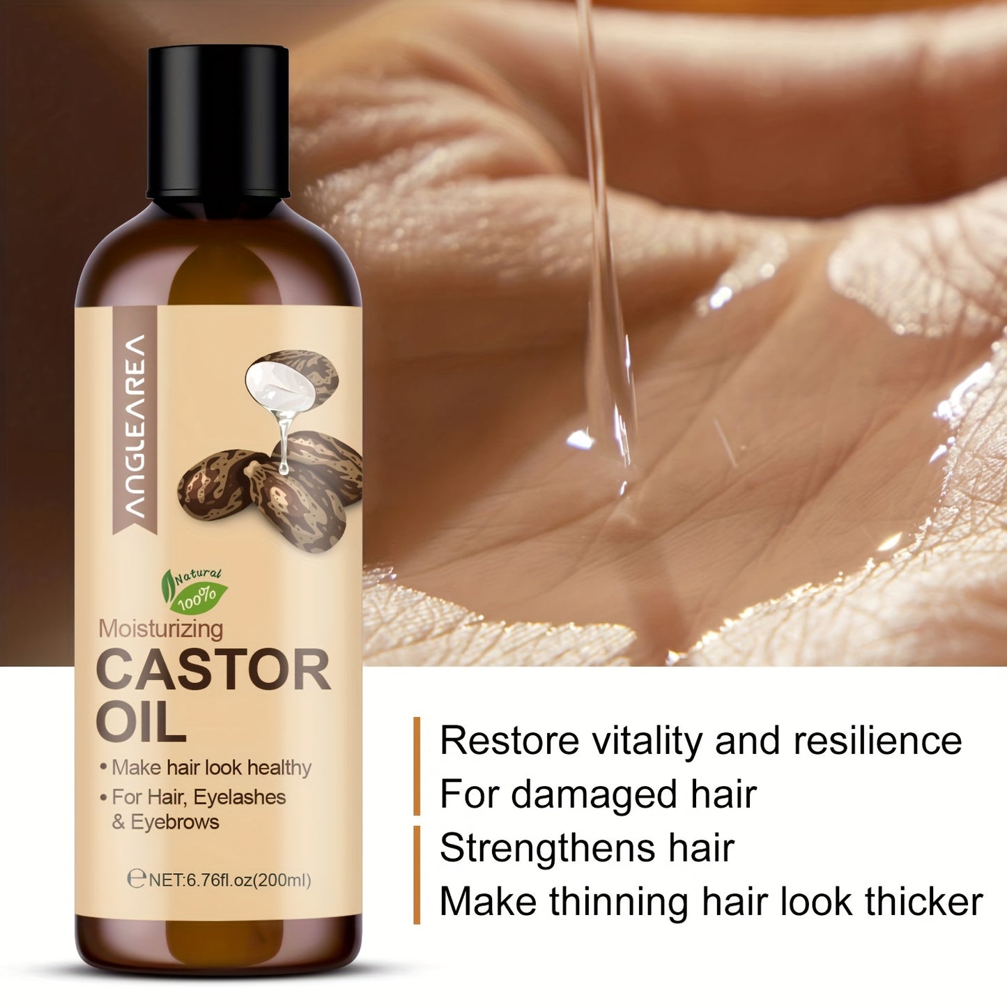 Hair Care
200ml/6.76fl.oz Castor Oil For Hair, Eyelashes & Eyebrows, Cold-Pressed Unrefined, Essential Oil For Dry Hair, Skin & Nail Care