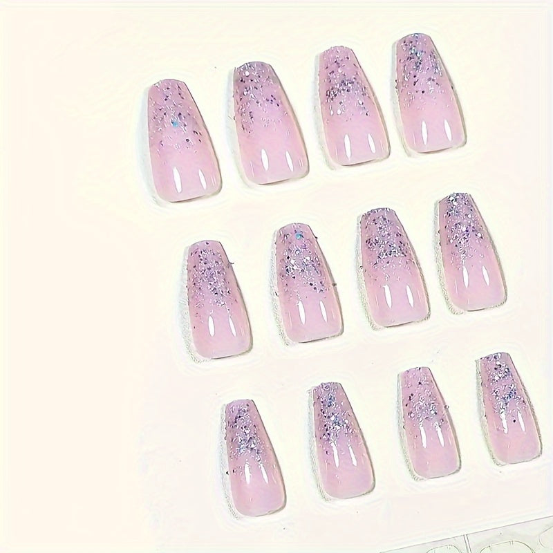 Nails
24 Pcs Glossy Medium Long Coffin Press On Nails Pinkish French Style False Nails Glitter Reusable Fake Nails Sweet False Nails