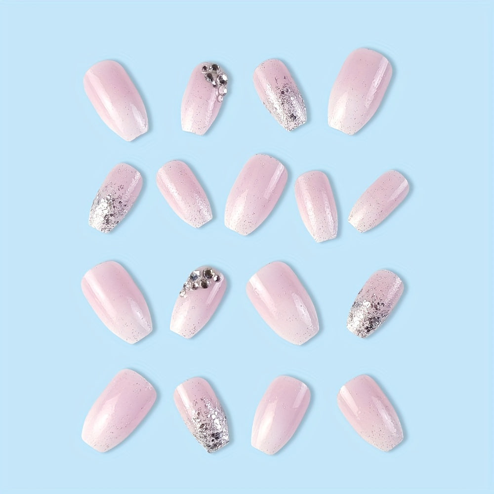 Nails
24Pcs/set Glossy Medium Ballerina Press On Nails Pinkish Gradient And Glitter Elegant Style Fake Nails With Rhinestone Design Shiny Artificial Reusable False Nails