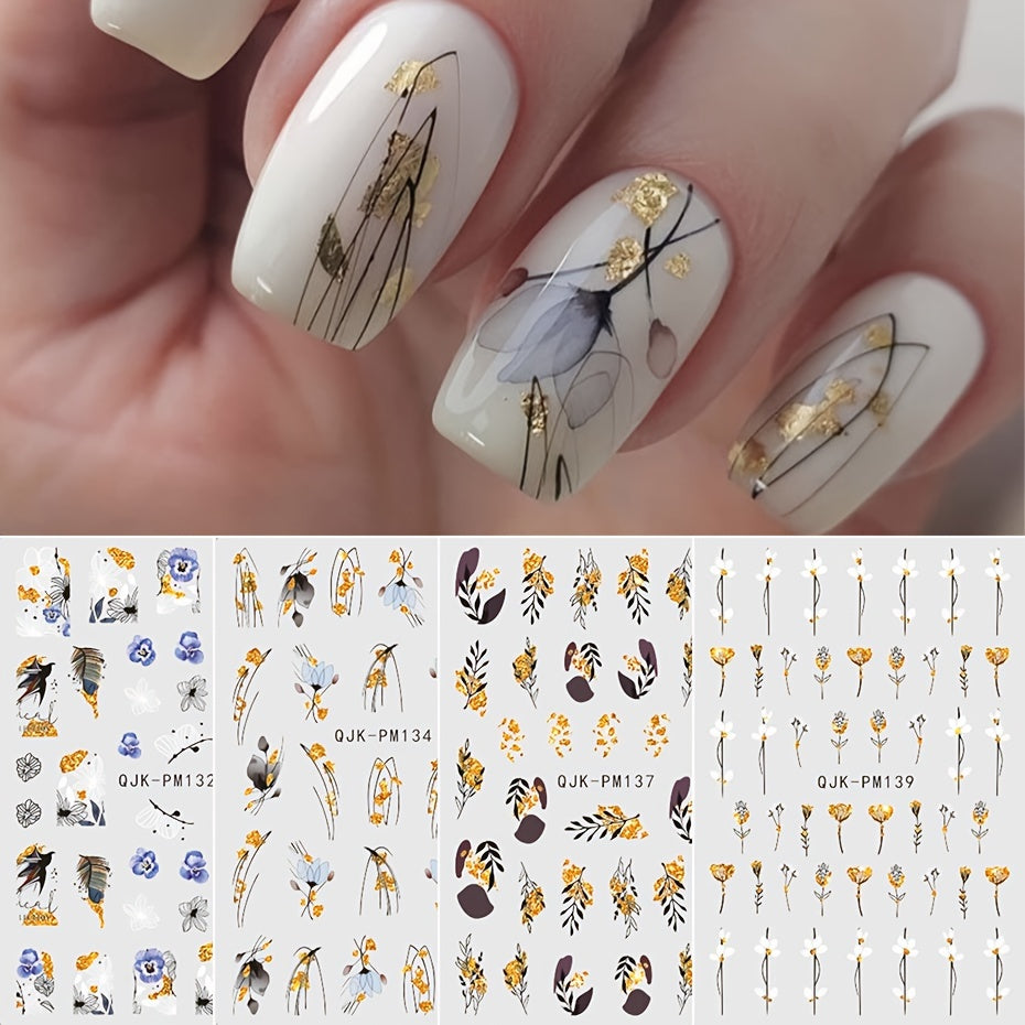 Nails
4pcs Golden Leaves 3D Nail Art Stickers Flowers Leaf Spring Summer Glitter Golden Black Line Nail Decals Nail Salon Manicure Decorations