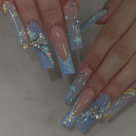 Nails
24pcs Glossy Long Ballerina Fake Nails, Blue Gradient Press On Nails With 3D Flower Butterfly Rhinestone Design, Sparkling Full Cover False Nails For Women Girls for Easter