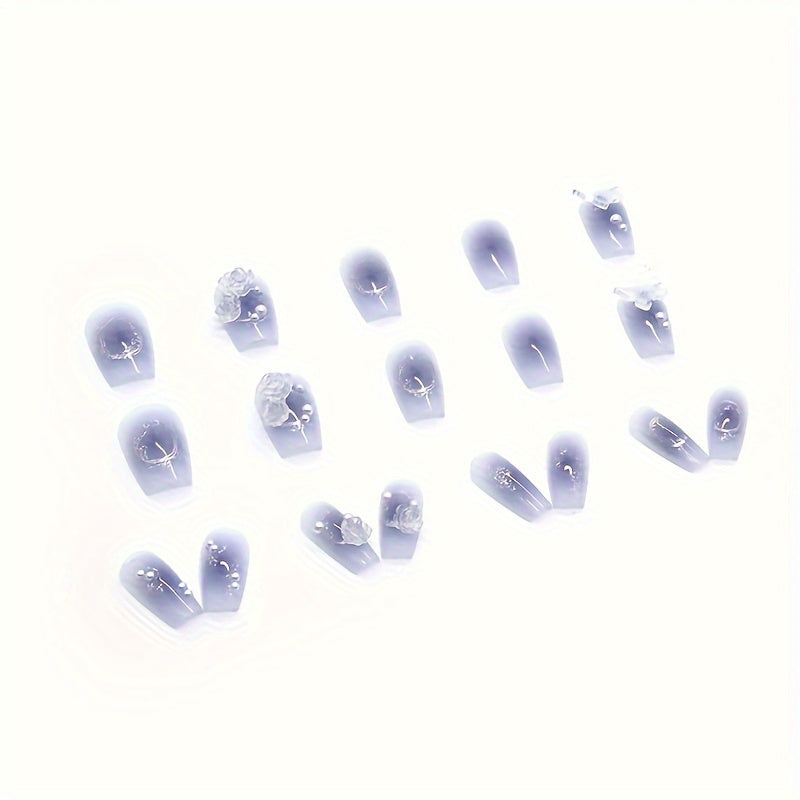 Nails
24pcs Blue Smudged Press On Nails, Beautiful Butterfly, Flower And Faux Pearls With Design Sweet Glossy Long Square Ballet Fake Nails, Full Cover Acrylic Artificial Nails For Women Girls