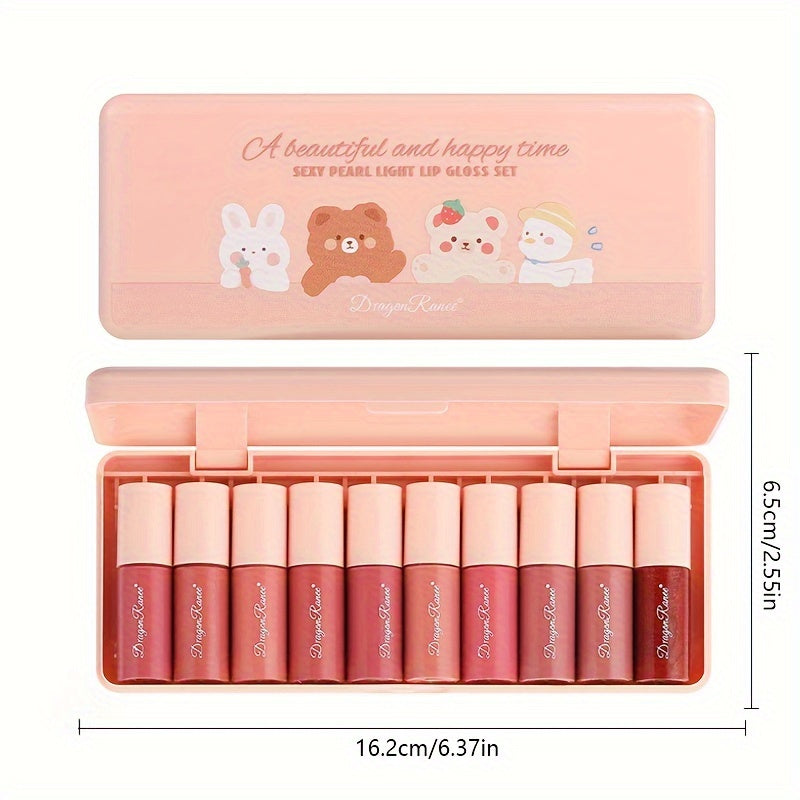 Makeup 10pcs Cartoon Moisturizing Mirror Lip Glaze Set, Waterproof Long-lasting Moisturizing Liquid Lipstick, Not Easy To Fade - The Perfect Birthday Gift, Women's Valentine's Day Gift, Gift Box