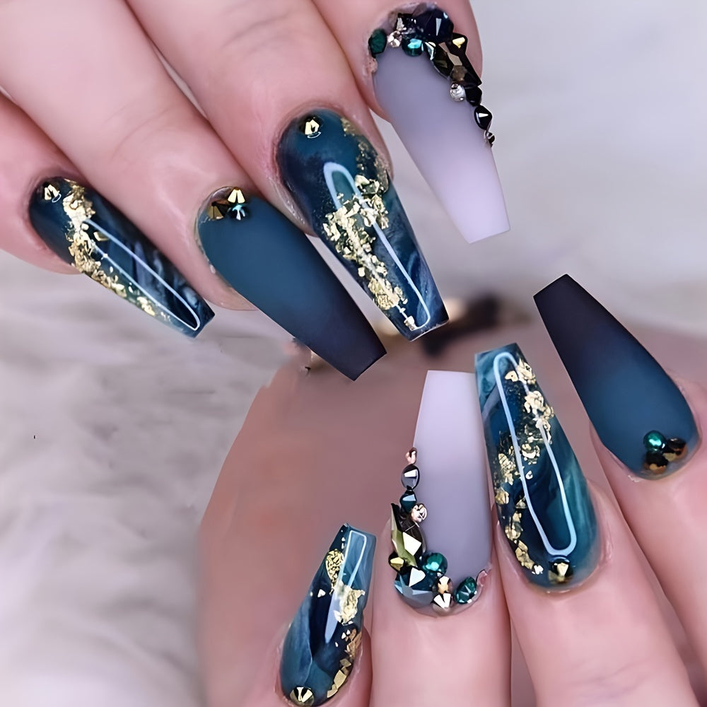 Nails
Long Marbled Fake Nails Rhinestone Coffin Dark Green Press-On Nails Acrylic False Nails With Glue Sticker (24pcs)