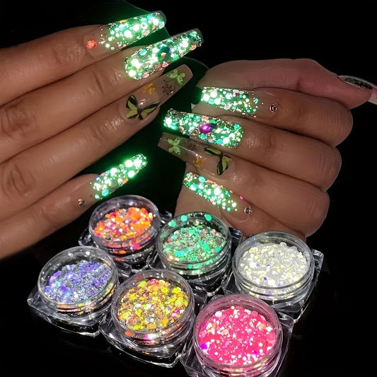 Nails
6pcs/Set Mixed Color Glow In The Dark Glitter Sequin, Luminous Chunky Nail Art Flakes, Mixed Ultra Fine Powder Iridescent Hexagon UV Black Light Sequins Confetti For DIY Nail Decoration Resin Craft For Music Festival