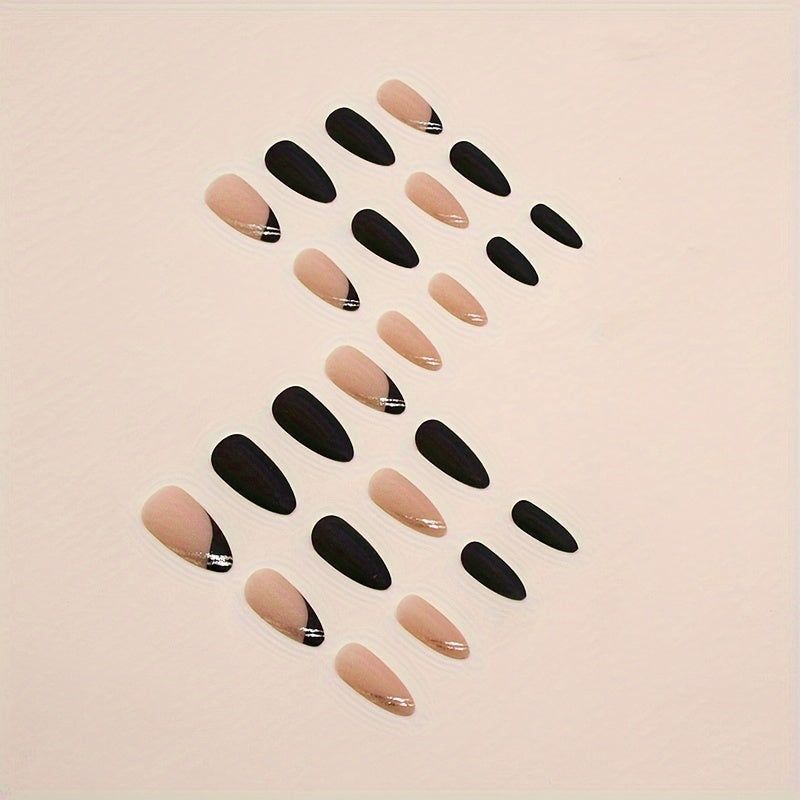 Nails
24pcs Matte Medium Almond Fake Nails, Black French Tip Press On Nails With Golden Glitter Line Design, Sweet Cool False Nails For Women Girls Fall Winter Nail Decoration