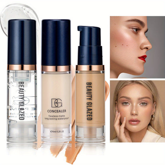 Makeup Three Makeup Sets, Primer + Concealer + Liquid Foundation, Matte Velvet Waterproof Foundation, Long-lasting Portable Makeup For Beginners, Travel Makeup Set