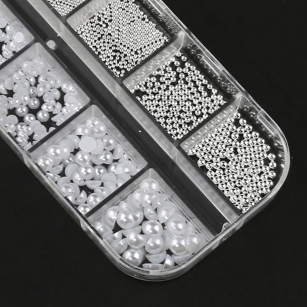 Nails
1 Box/12 Grids Nail Art White Pearls For Nails Half Round Pearl Beads Nail Charms, Small Stainless Steel Beads Caviar Beads White Flatback Pearls For Women Nail Decoration DIY Nail Art Crafts