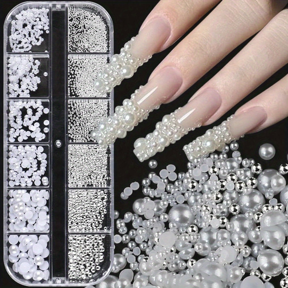 Nails
1 Box/12 Grids Nail Art White Pearls For Nails Half Round Pearl Beads Nail Charms, Small Stainless Steel Beads Caviar Beads White Flatback Pearls For Women Nail Decoration DIY Nail Art Crafts