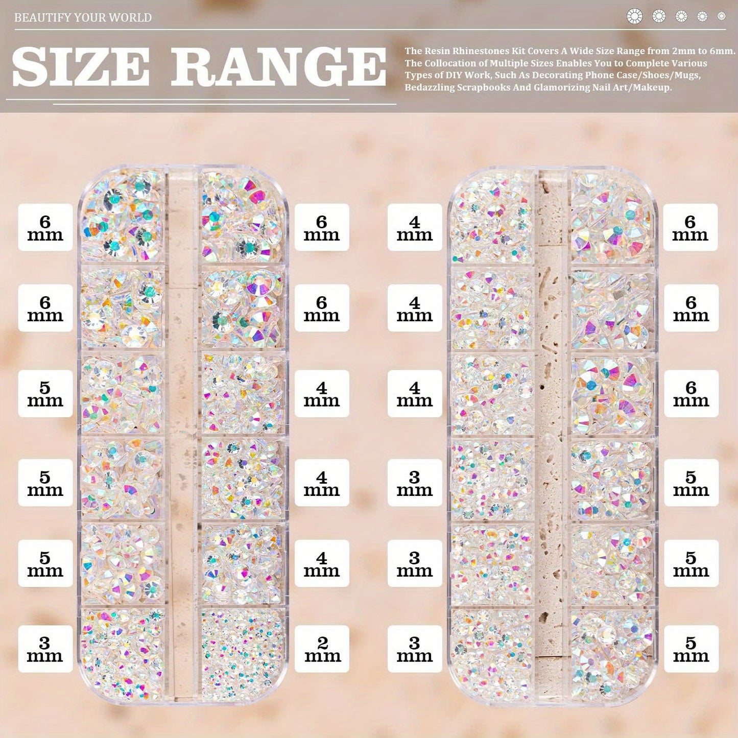 Nails
3500PCS Resin Rhinestones Kits, 2/3/4/5/6mm Flatback Jelly Rhinestones, 2 Box Transparent AB Non Hotfix Rhinestones For DIY Crafts Bottles Tumblers Clothes Makeup Nail Manicure