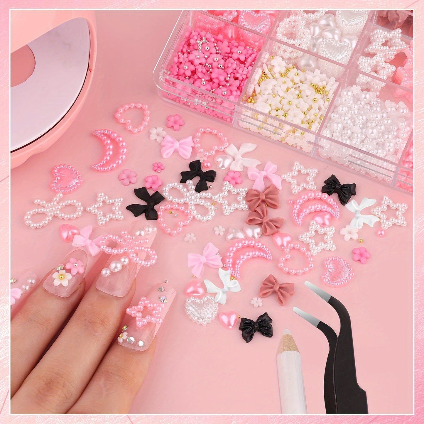 Nails
Kawaii Nail Art Charm Set With Tools, 3D Decorations, Assorted Faux Pearl Bows, Hearts, Stars, Moons, Cute Flowers For DIY Manicure Designs, Includes Pickup Tool