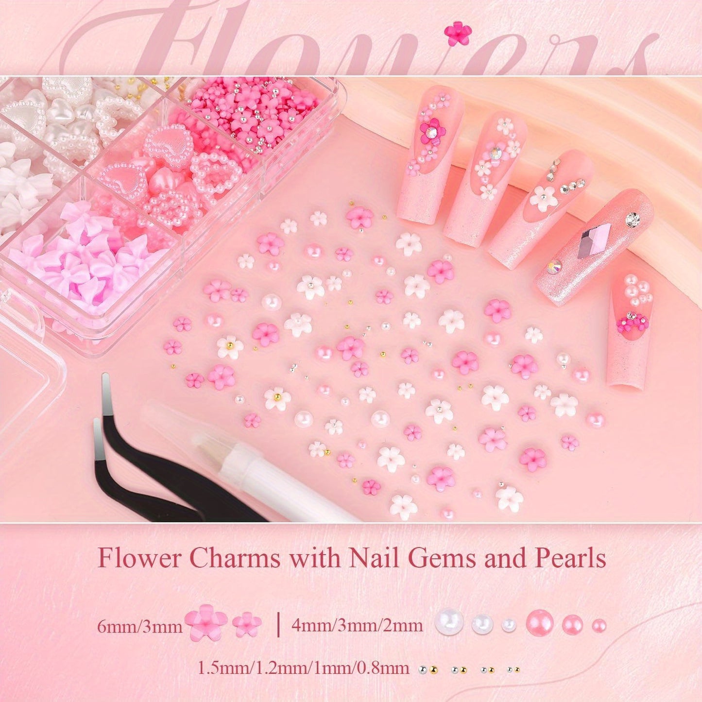 Nails
Kawaii Nail Art Charm Set With Tools, 3D Decorations, Assorted Faux Pearl Bows, Hearts, Stars, Moons, Cute Flowers For DIY Manicure Designs, Includes Pickup Tool