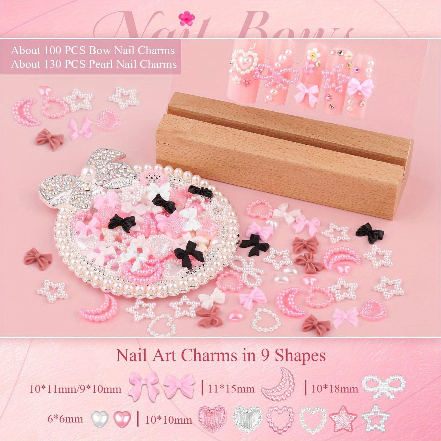 Nails
Kawaii Nail Art Charm Set With Tools, 3D Decorations, Assorted Faux Pearl Bows, Hearts, Stars, Moons, Cute Flowers For DIY Manicure Designs, Includes Pickup Tool