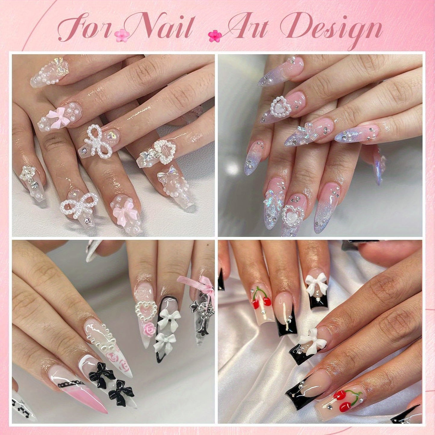 Nails
Kawaii Nail Art Charm Set With Tools, 3D Decorations, Assorted Faux Pearl Bows, Hearts, Stars, Moons, Cute Flowers For DIY Manicure Designs, Includes Pickup Tool