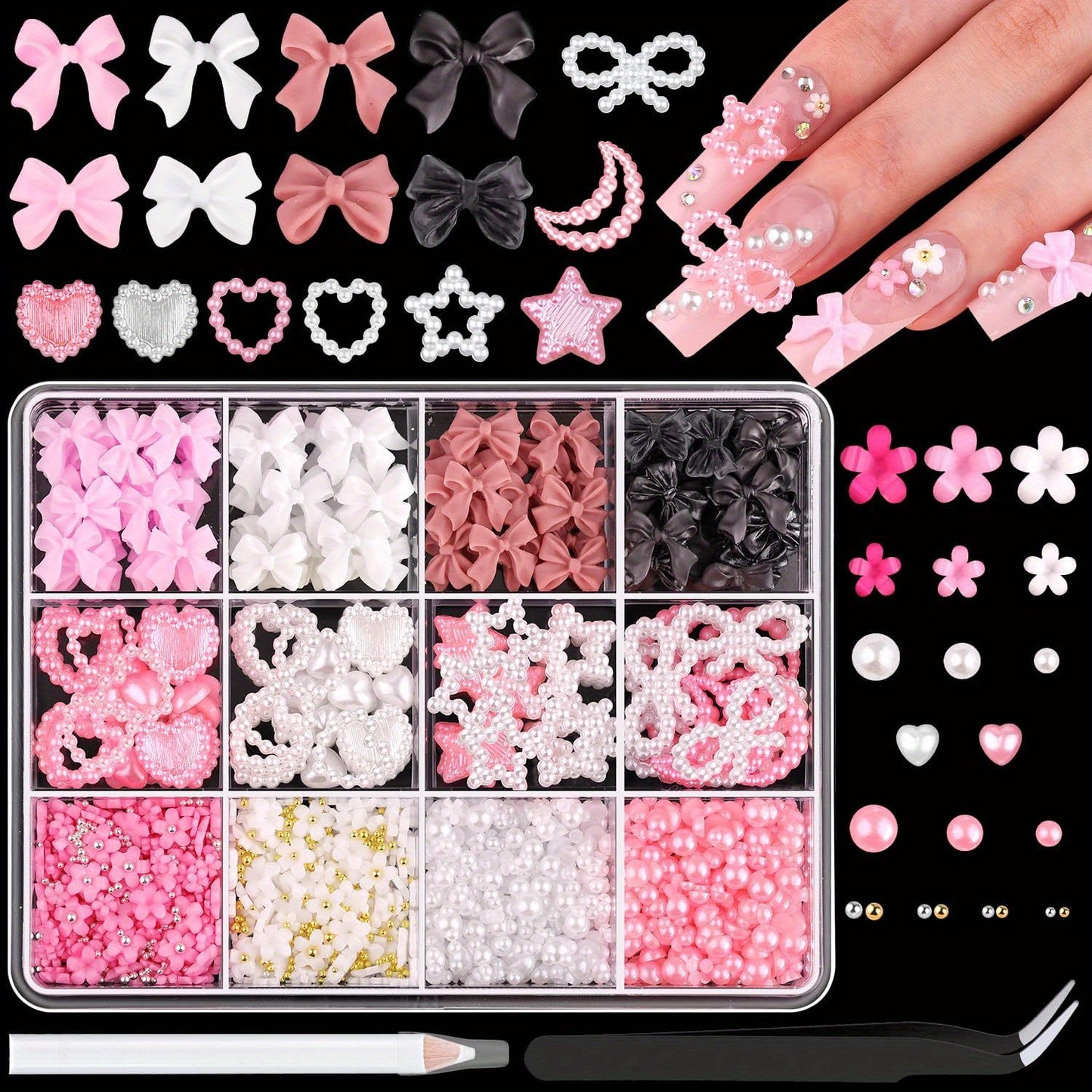 Nails
Kawaii Nail Art Charm Set With Tools, 3D Decorations, Assorted Faux Pearl Bows, Hearts, Stars, Moons, Cute Flowers For DIY Manicure Designs, Includes Pickup Tool