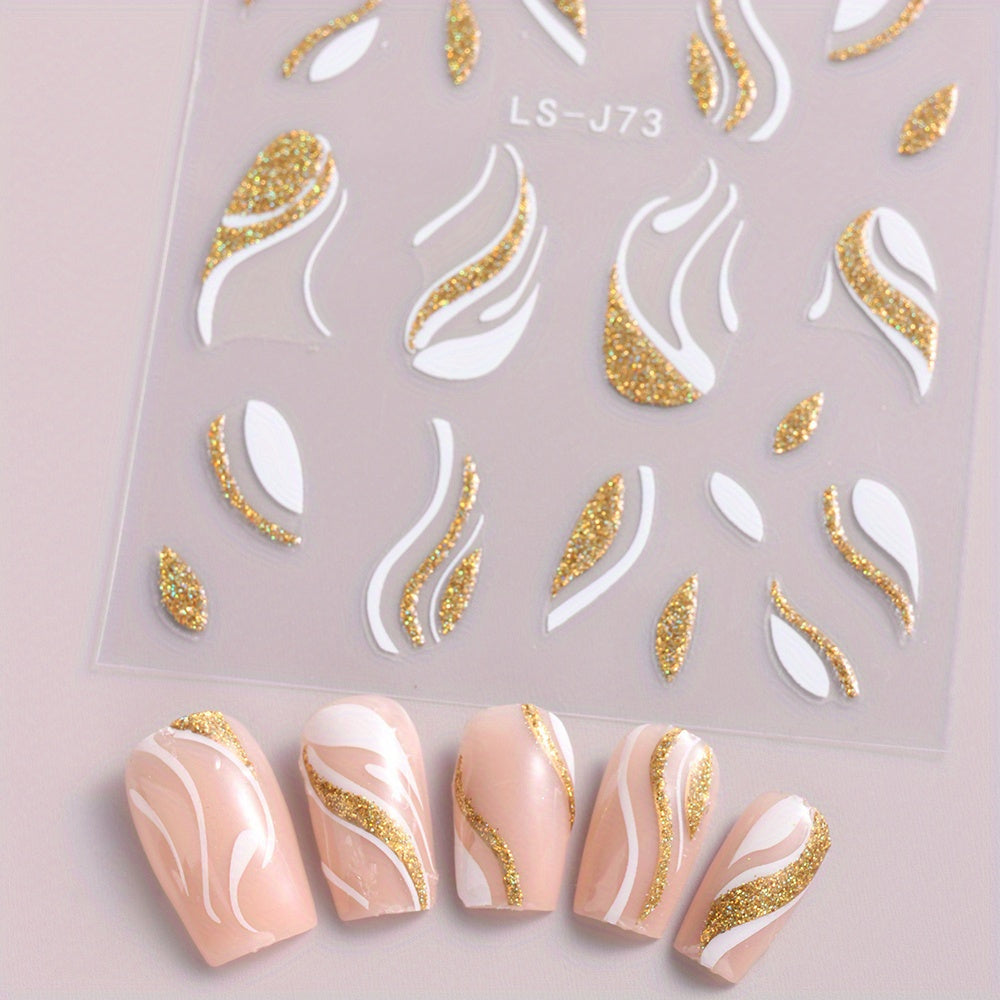 Nails
3D French Line Nail Art Stickers - Self-Adhesive Plastic Nail Decals with Golden Silver Glitter Stripes, Shimmery Embroidered Irregular Shapes, Single Use Fantasy Theme Nail Decoration (Pack of 1)