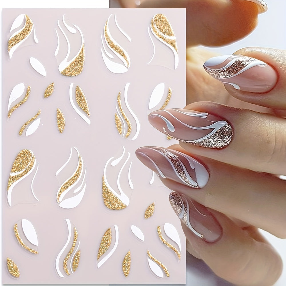 Nails
3D French Line Nail Art Stickers - Self-Adhesive Plastic Nail Decals with Golden Silver Glitter Stripes, Shimmery Embroidered Irregular Shapes, Single Use Fantasy Theme Nail Decoration (Pack of 1)