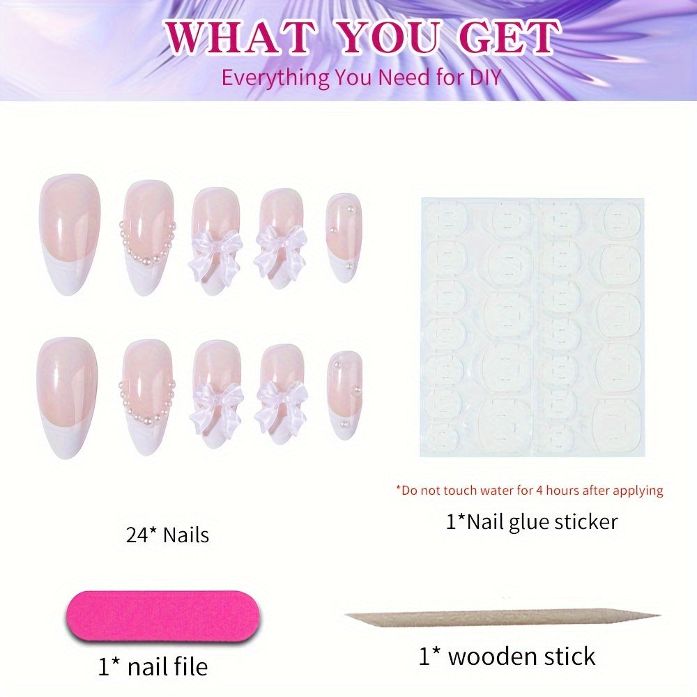 Nails
Medium Almond Press On Nails With Pearls, French Tip Fake Nails,Full Cover Bowknot False Nails For Women And Girls Including Nail File And Jelly Glue