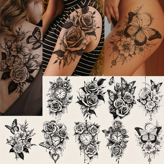 Temporary Tattoos
Black Gothic Butterfly Flower Clock Pattern Tattoo Stickers Big Flower Arm Chest Back Body Temporary Tattoo Stickers