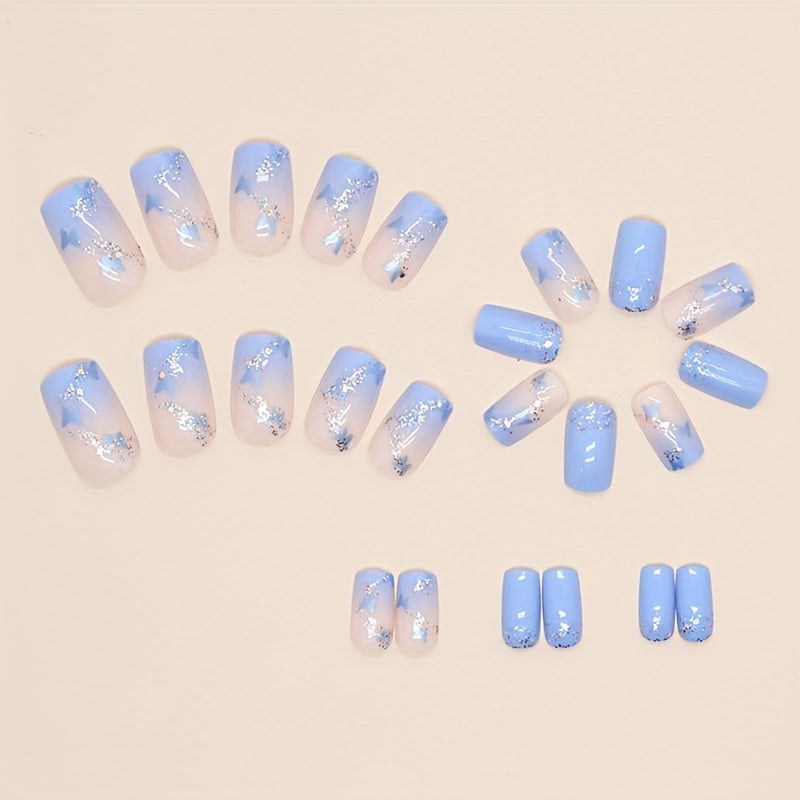 Nails
24pcs Glossy Short Square Fake Nails, Blue Gradient Press On Nails With Butterfly And Silvery Glitter Design, Summer Fresh False Nails For Women Girls