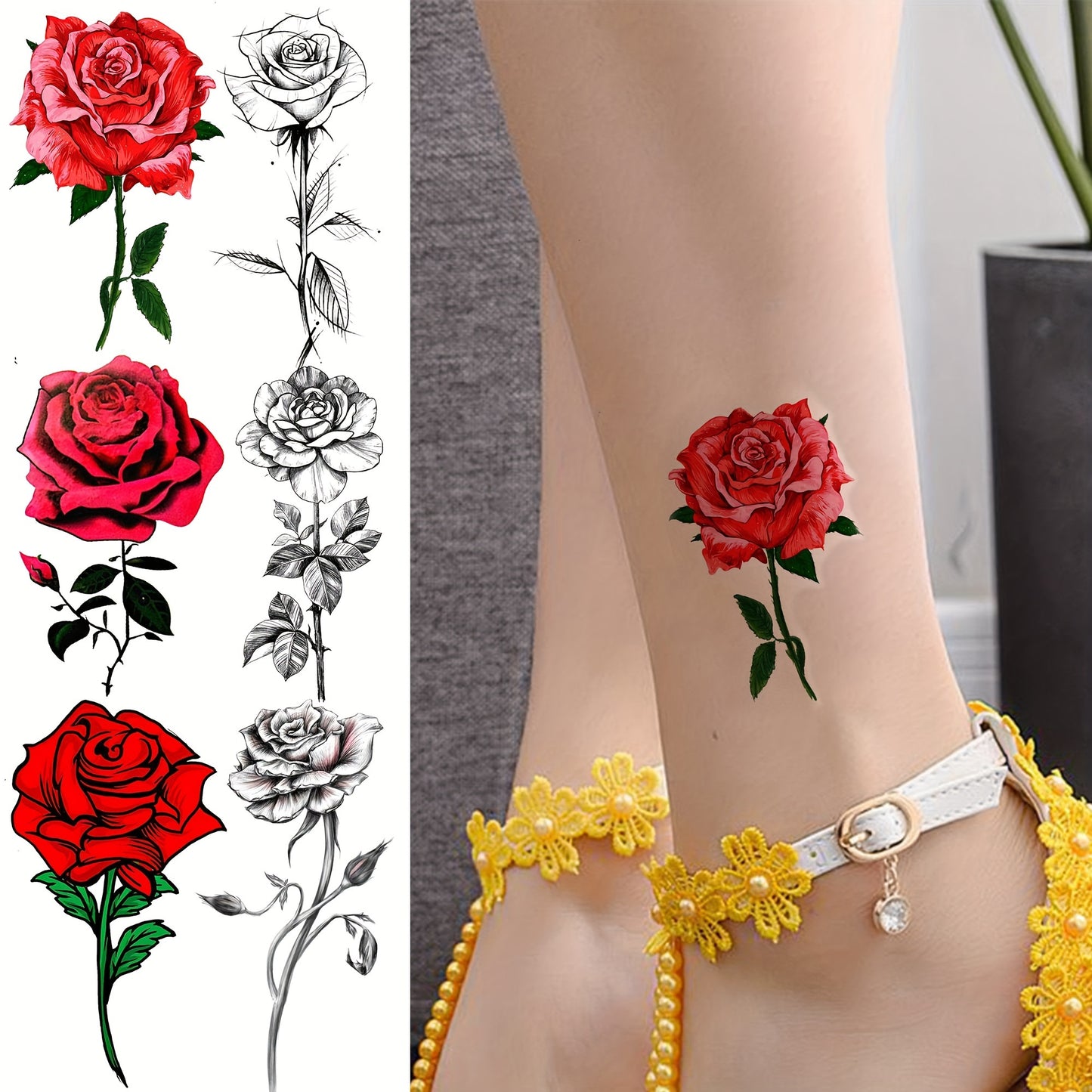 Temporary Tattoos
24 Sheets Red Rose Temporary Tattoos For Women Neck Arm Hands Legs, Waterproof Black Realistic Rose Flower Tattoo Stickers, 3D Peony Floral Body Art Fake Tattoos