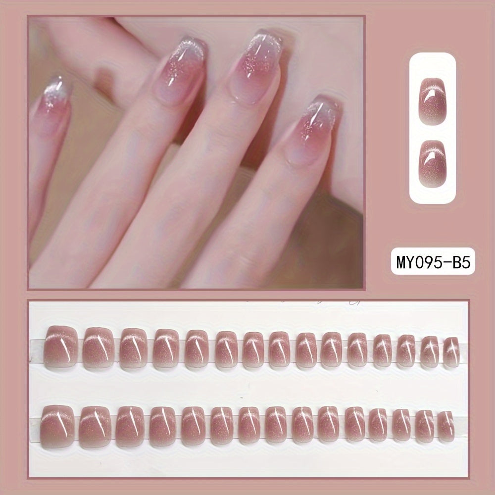 Nails
30pcs Short Coffin Press On Nails Glossy Pinkish French Style Flashing Cat Eye Fake Nails Reusable Artificial Nails For Women