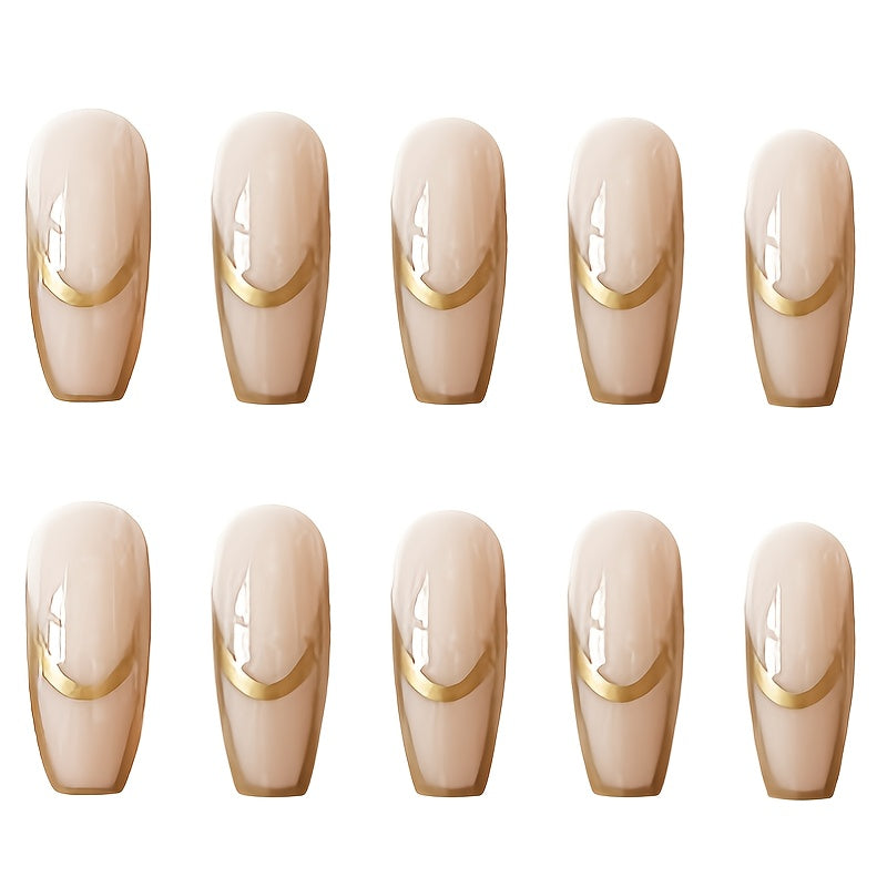 Nails
24pcs Golden Phnom Penh French Nails - Long Lasting Press On Coffin Artificial Nails for Women - Stick On Nails with Stunning Design