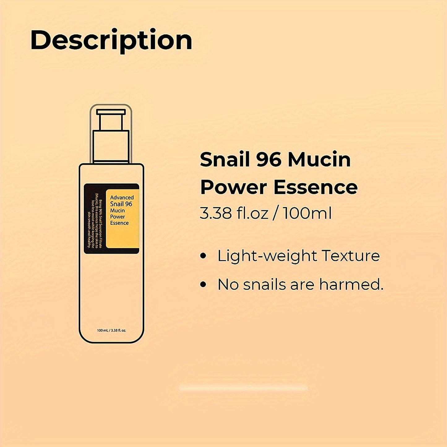 Facial care
100ml Snail Essence - Advanced Snail Mucin Power 96 Facial Serum, Lightweight Texture, Hydrating And Firming Skin, Moisturizing Skincare