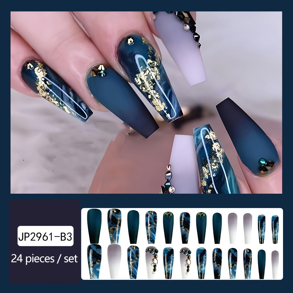 Nails
Long Marbled Fake Nails Rhinestone Coffin Dark Green Press-On Nails Acrylic False Nails With Glue Sticker (24pcs)