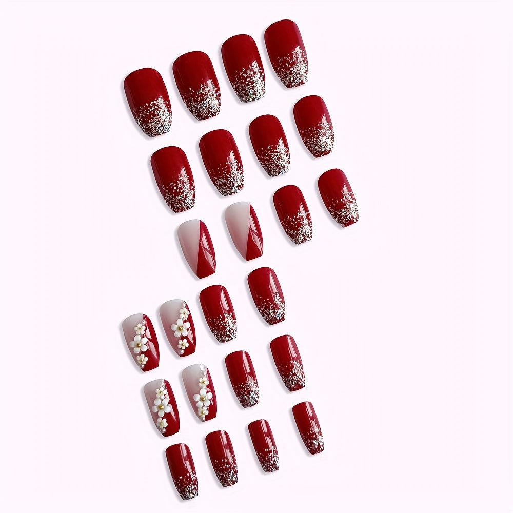 Nails
24pcs Red Press On Nails Medium, Camellia French Fake Nails, Glossy Acrylic Nails Press On Square Glue On Nails False Nails For Women