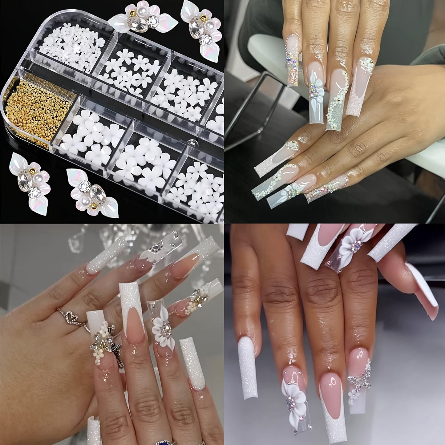 Nails
Luxurious 3D Flower Nail Charms: White Golden Rhinestones & Pearls for Acrylic Nails - Nail Accessories for Women and Girls - Nail Decorations