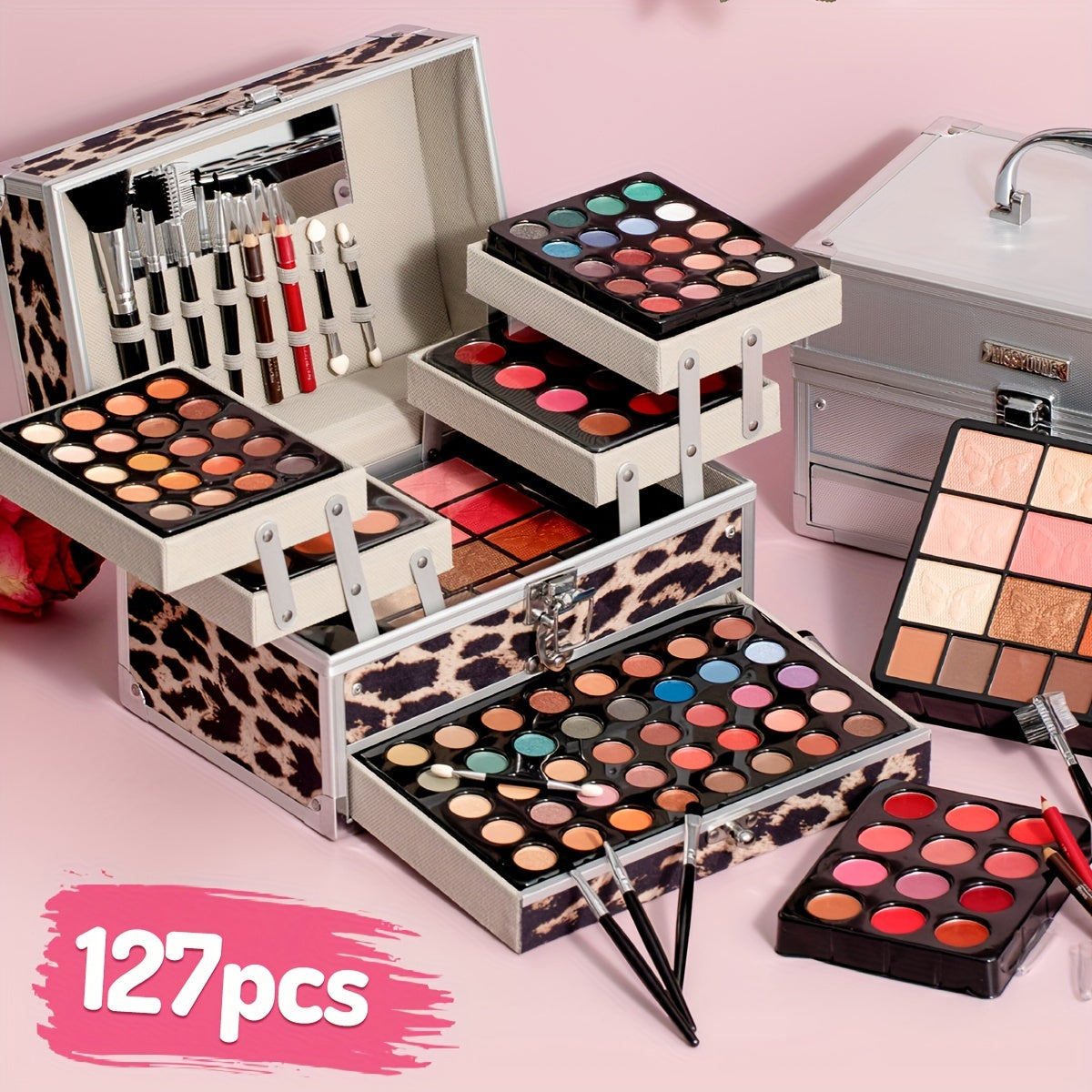 Makeup 127pcs/set, Leopard Print Makeup Gift Set, With Eyeshadow, Blush, Highlighters, Mirror, Brushes, Multi-Purpose Cosmetic Kit For Women, Perfect Surprise Present For Mothers & Girlfriends