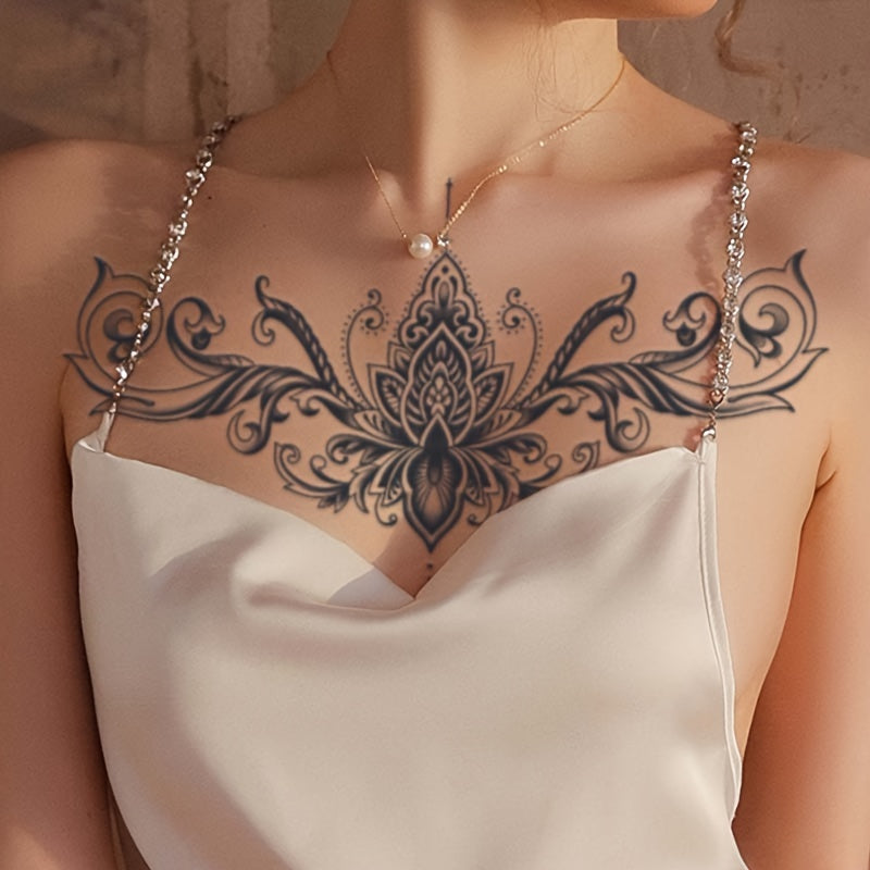 Temporary Tattoos
Blooming Lotus Design Temporary Chest Tattoo Sticker, Waterproof Semi-Permanent Transfer, Lasts 1-2 Weeks, Versatile Placement for Women's Front or Back - Oblong Shape