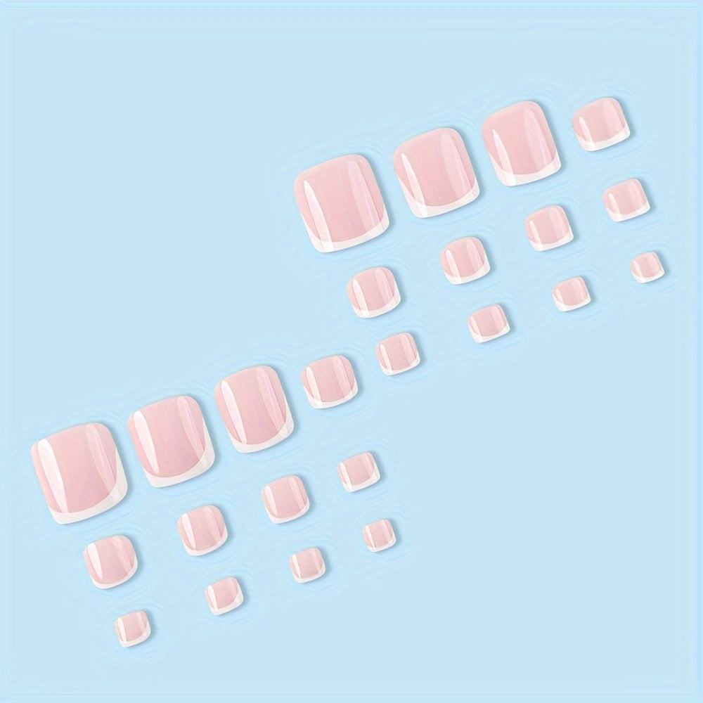 Nails
24pcs Chic French-Style Press-On Toenails - Glossy White & Pink, Reusable Square Fake Nails For Women And Girls