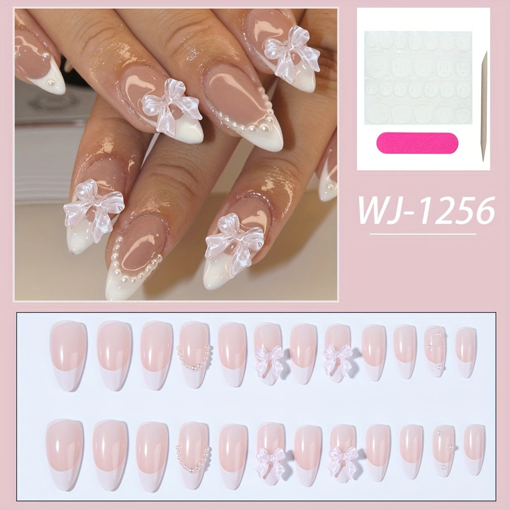 Nails
Medium Almond Press On Nails With Pearls, French Tip Fake Nails,Full Cover Bowknot False Nails For Women And Girls Including Nail File And Jelly Glue