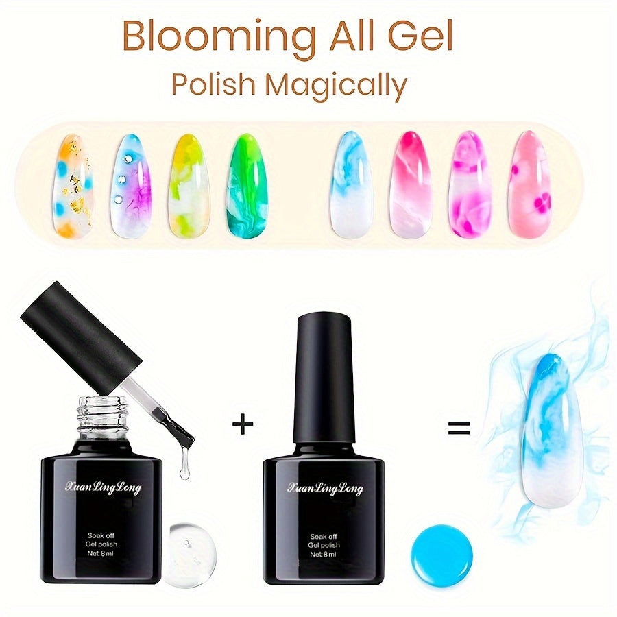 Nails
2pcs Nail Art Blooming Gel Polish Set - Clear UV Blossom Gel for Watercolor Effects, Soak Off Base & Top Coat, Long-Lasting Strengthening Nail Glue, Self-Leveling, Non-Toxic Formaldehyde-Free Gel