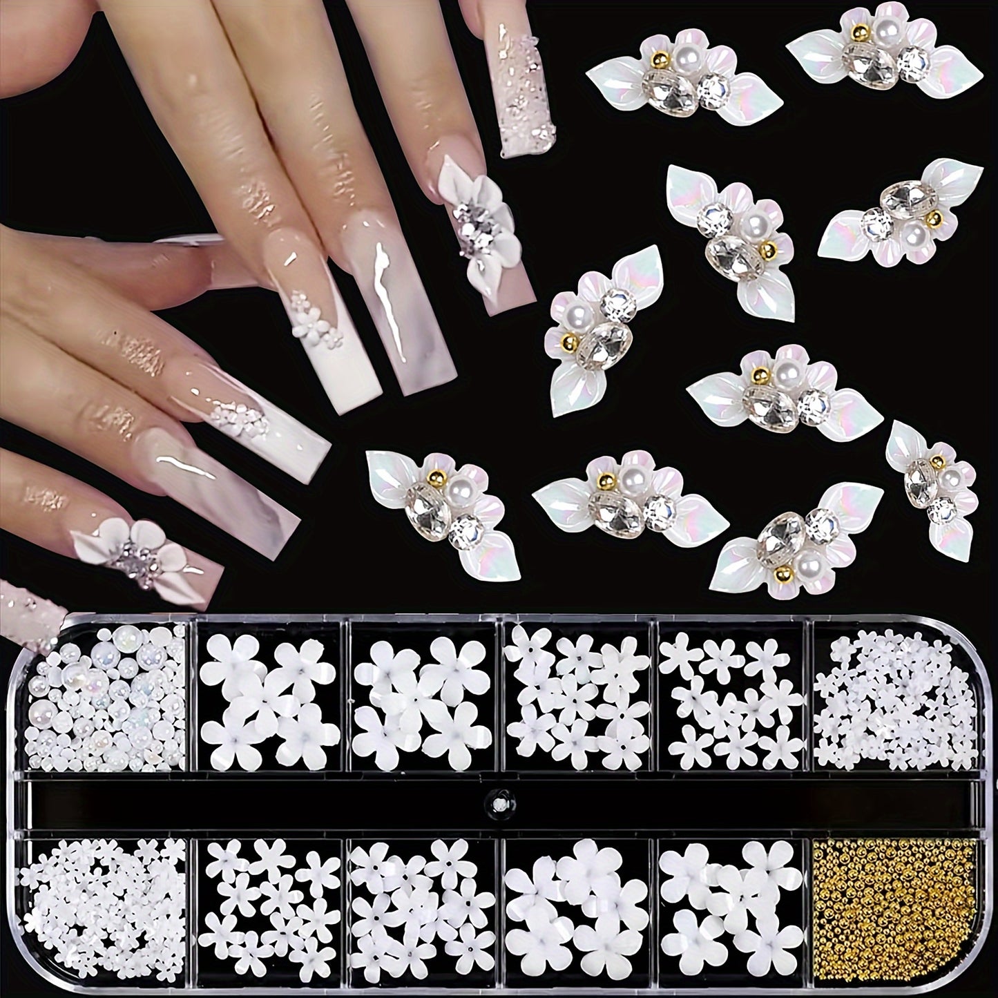 Nails
Luxurious 3D Flower Nail Charms: White Golden Rhinestones & Pearls for Acrylic Nails - Nail Accessories for Women and Girls - Nail Decorations