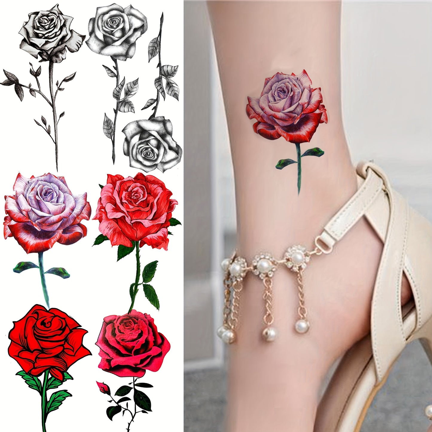 Temporary Tattoos
24 Sheets Red Rose Temporary Tattoos For Women Neck Arm Hands Legs, Waterproof Black Realistic Rose Flower Tattoo Stickers, 3D Peony Floral Body Art Fake Tattoos